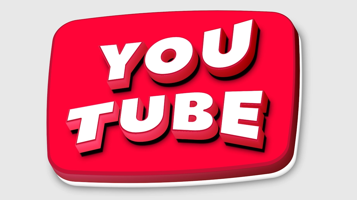 YouTube butonu tarzı kırmızı şerit üzerinde beyaz 3D metin