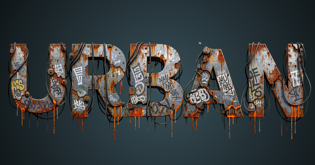 Kentsel metin: paslı metalden ve grafitiyle oluşturulan grunge font örneği