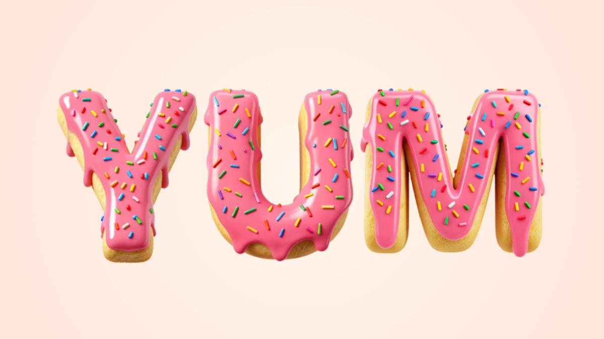 Pembe glazür ve renkli serpmeyle donut 3D metin