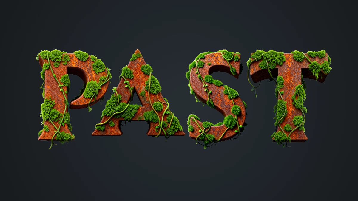 Yeşil yosun ve lahanayla kaplı paslı metal 3D metin