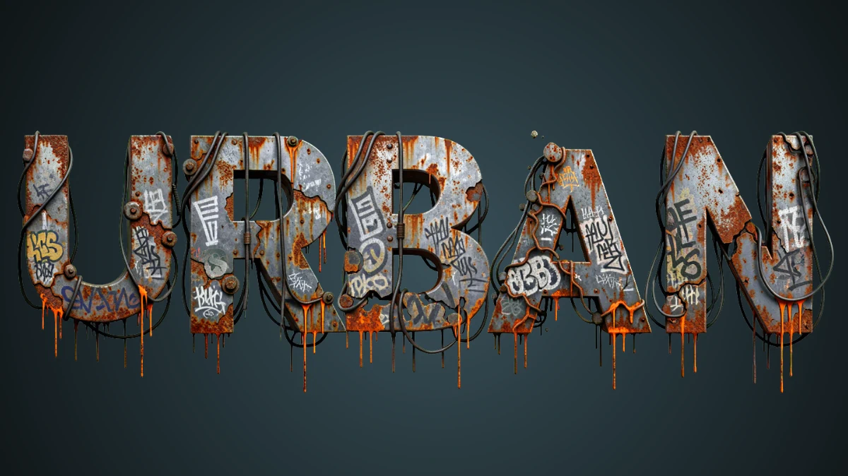Paslı metal ve grafiti, kablo ve lekelerle urbana 3D metin